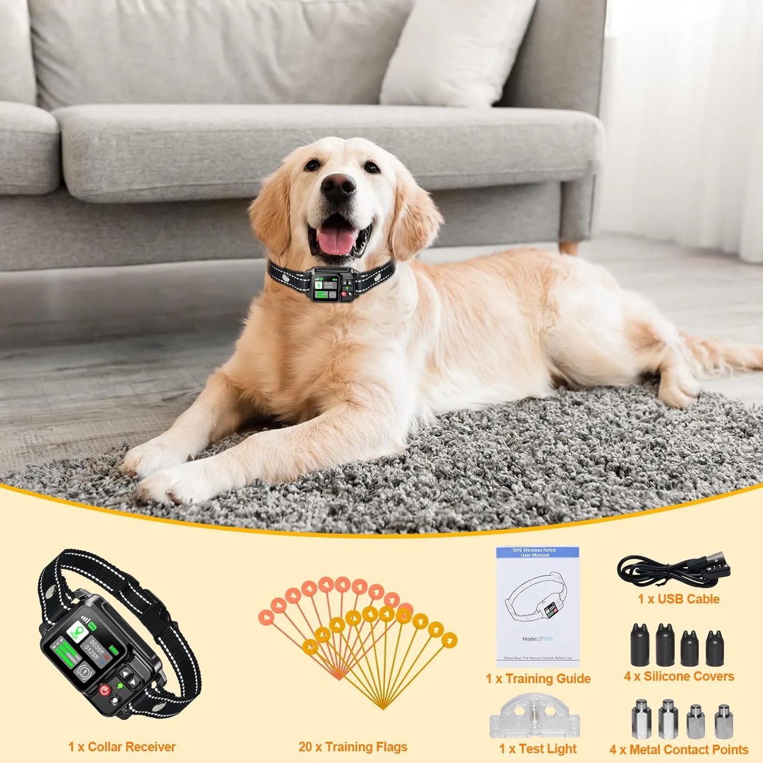 GPS Wireless Dog Fence System, Electric Electric Dog Fence Using GPS Electric Satellite Technology, with a Range of 15-2000m, IPX7 Waterproof Rechargeable Collar Receiver,Outdoor Use Only