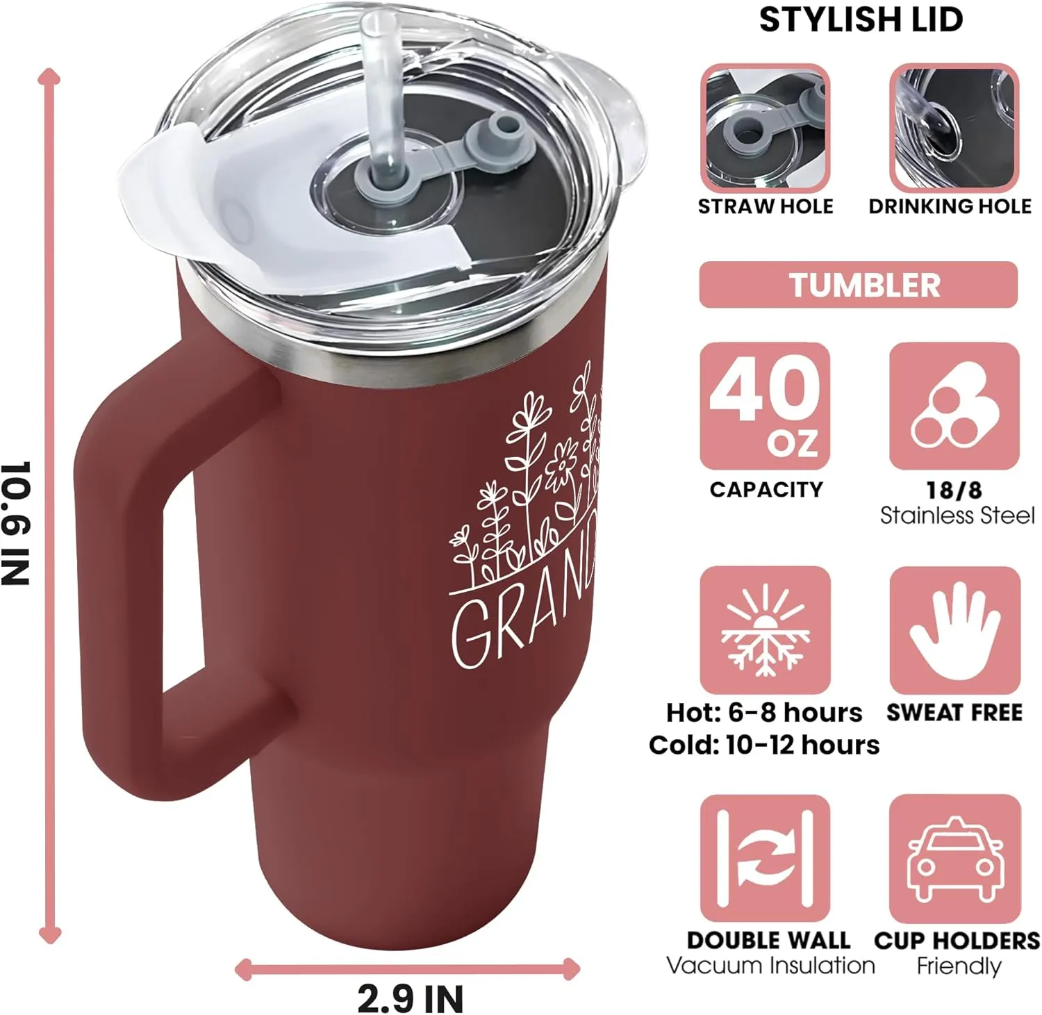 Grandma Gifts - Gifts for Grandma from Grandkids, Granddaughter, Grandson, Grandchildren - Birthday, Mothers Day, Christmas, First Time Gift Ideas for Grandmother - 40 Oz Red Tumbler