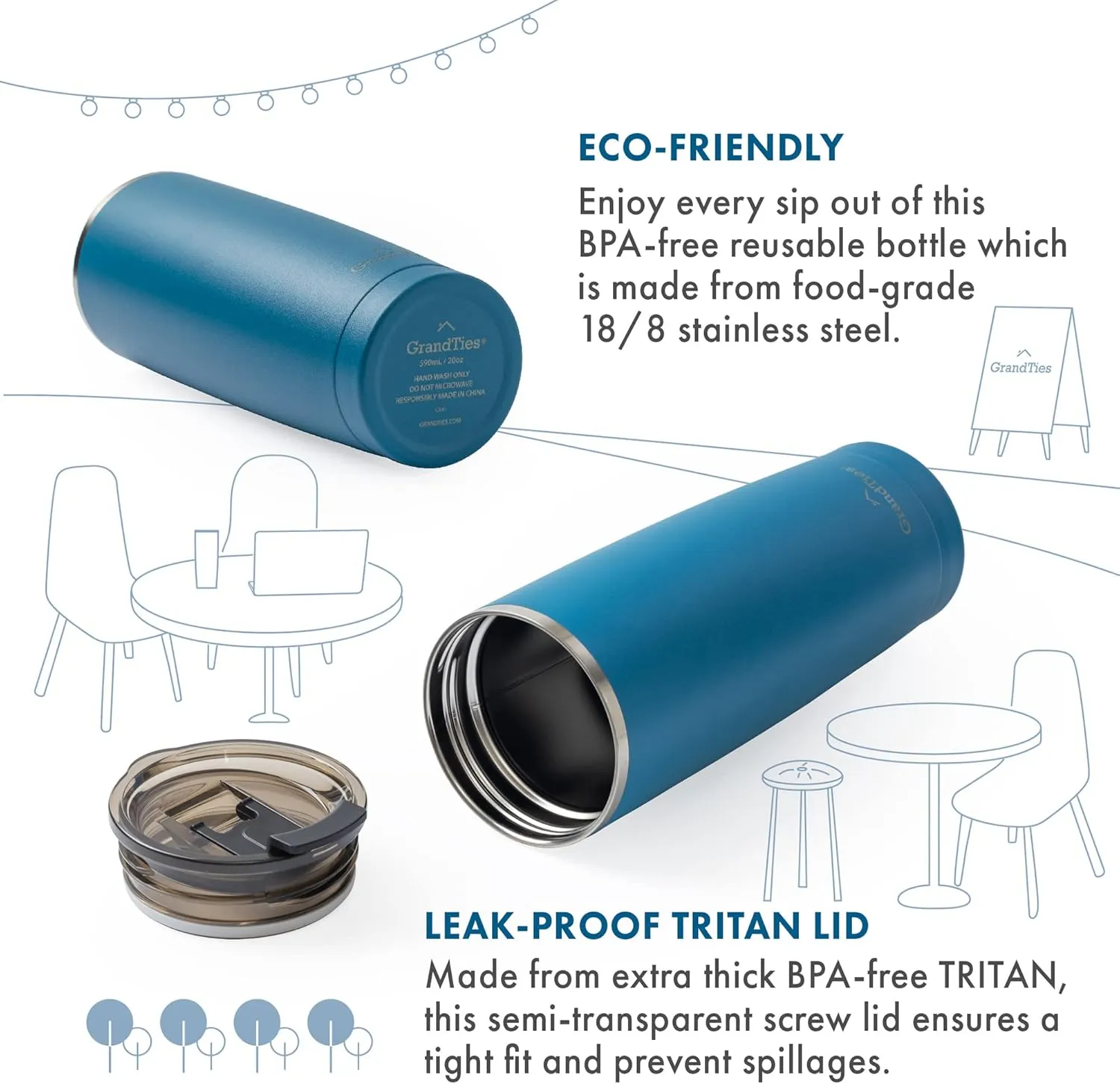 GRANDTIES Insulated Coffee Tumbler Cup w/Tritan Lid | Leak Proof, Reusable, Double Walled Vacuum Stainless Steel Water Bottle Travel Mug | Thermal Cups for Hot and Cold Drinks | 20oz | Cobalt Blue