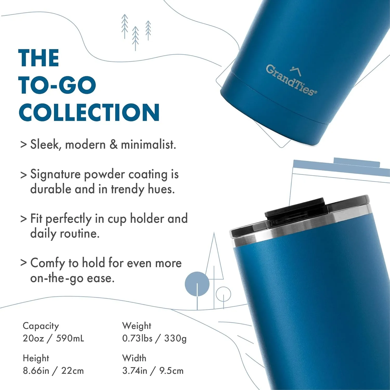 GRANDTIES Insulated Coffee Tumbler Cup w/Tritan Lid | Leak Proof, Reusable, Double Walled Vacuum Stainless Steel Water Bottle Travel Mug | Thermal Cups for Hot and Cold Drinks | 20oz | Cobalt Blue