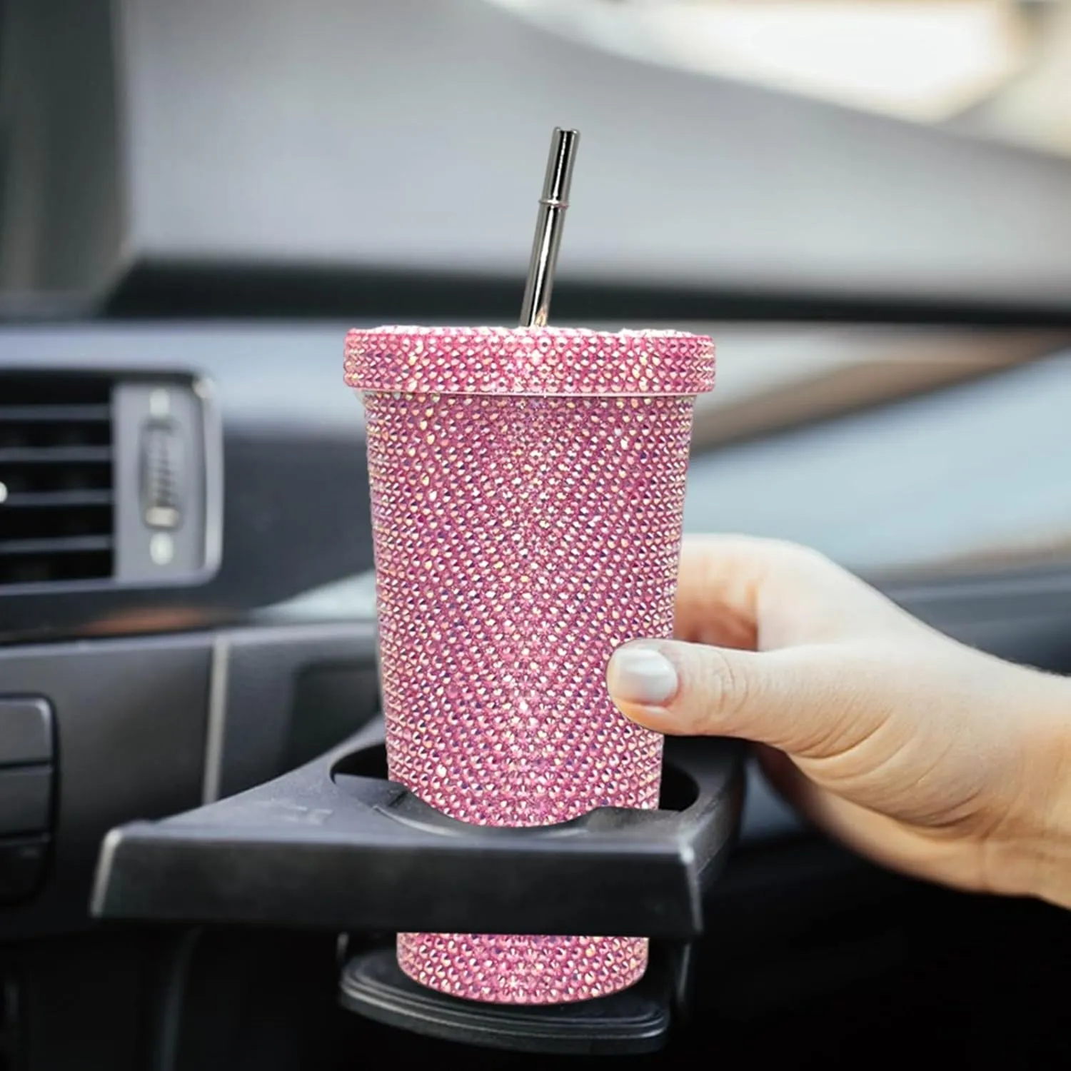Grebest Customized Thermal Cup for Women Brilliant Rhinestones Drinkware Stainless Steel Insulated Tumbler with Lid Straw Sparkling Water Bottle Pink 500ML