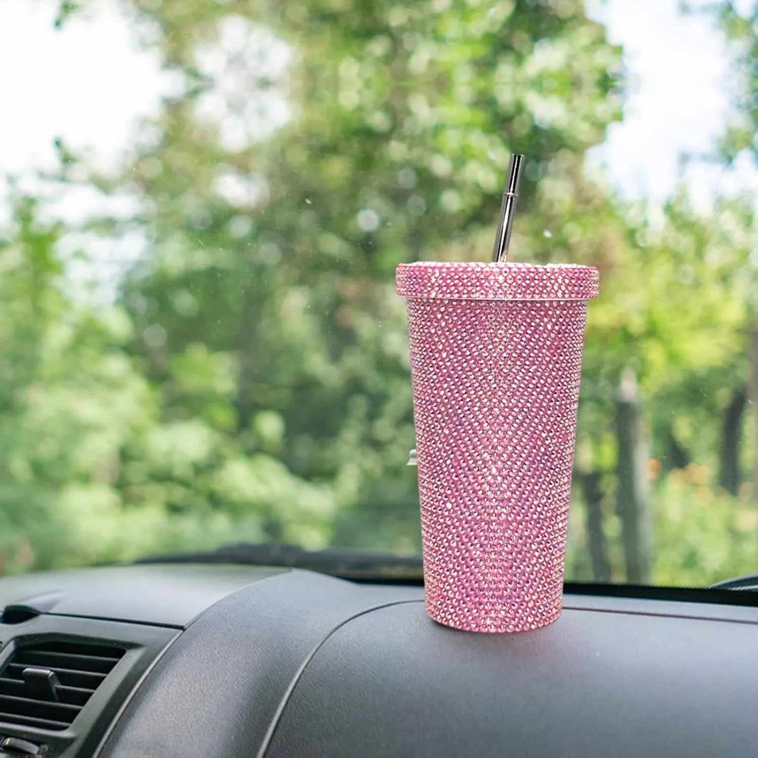 Grebest Customized Thermal Cup for Women Brilliant Rhinestones Drinkware Stainless Steel Insulated Tumbler with Lid Straw Sparkling Water Bottle Pink 500ML
