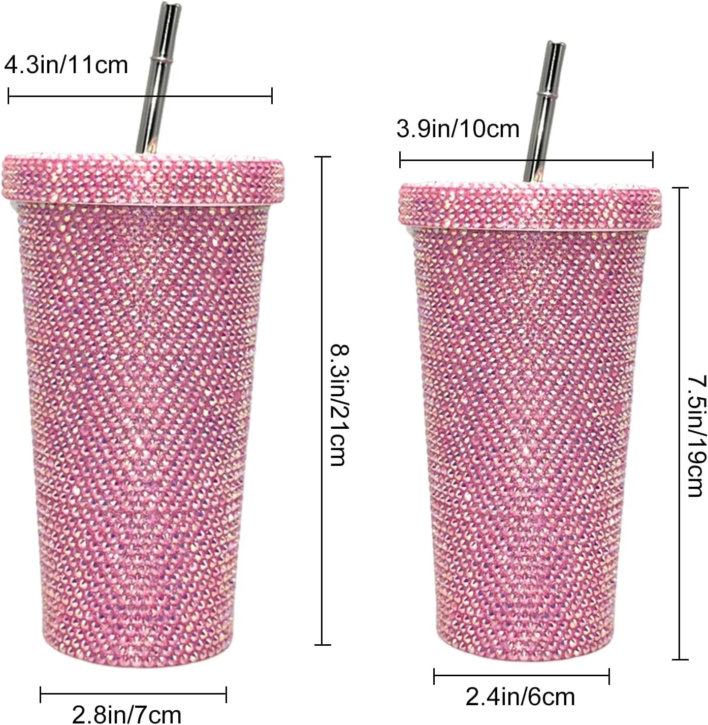 Grebest Customized Thermal Cup for Women Brilliant Rhinestones Drinkware Stainless Steel Insulated Tumbler with Lid Straw Sparkling Water Bottle Pink 500ML