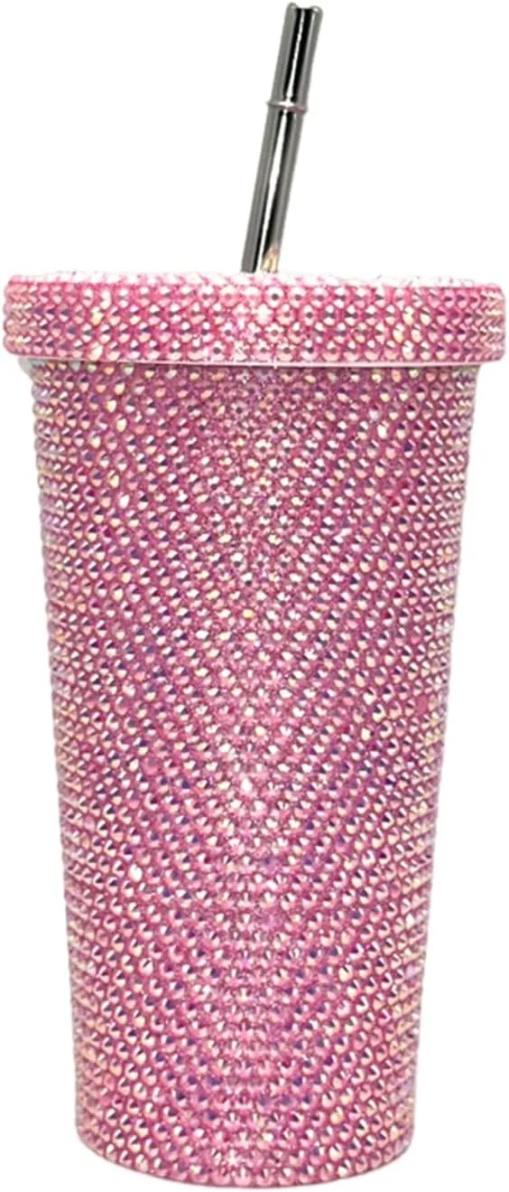 Grebest Customized Thermal Cup for Women Brilliant Rhinestones Drinkware Stainless Steel Insulated Tumbler with Lid Straw Sparkling Water Bottle Pink 500ML