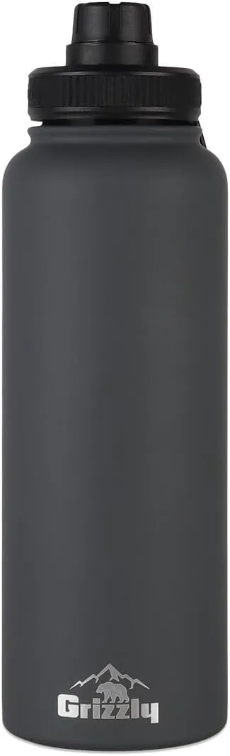 Grizzly 40oz Water Bottle | Vacuum Insulated | Leak Resistant Lid | Stainless Steel | For Gym Hiking Beach Sports Camping | Stealth Gray