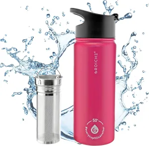 GROSCHE Chicago Stainless Steel Tea Infuser Flask | Beverage Bottle | Hot & Cold Drinks | Loose Leaf Tea Infuser | Travel Convenience Water Bottle | 16 fl oz, Pink
