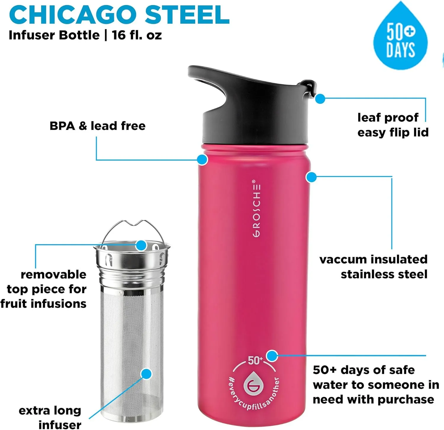 GROSCHE Chicago Stainless Steel Tea Infuser Flask | Beverage Bottle | Hot & Cold Drinks | Loose Leaf Tea Infuser | Travel Convenience Water Bottle | 16 fl oz, Pink