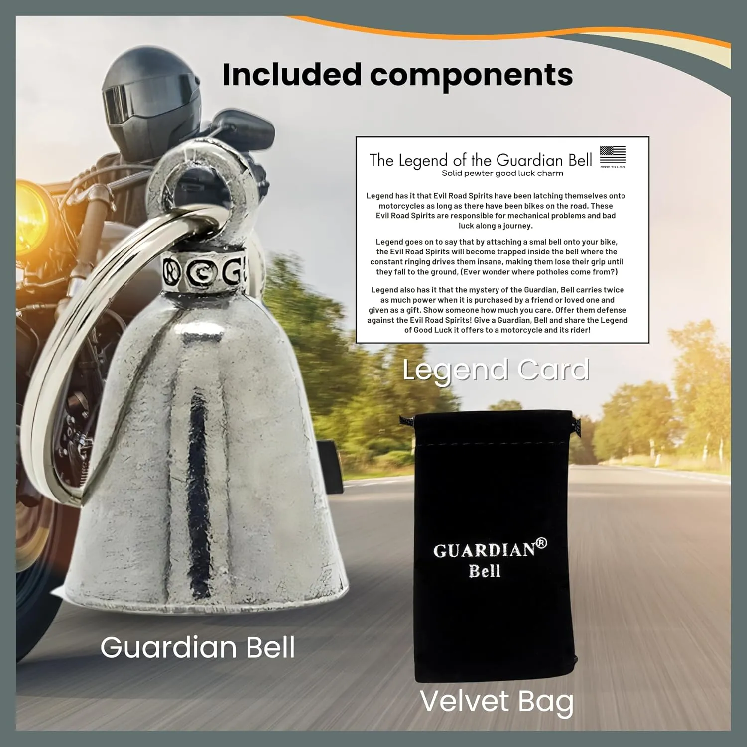 Guardian Bell Good Luck Bell w/Keyring & Black Velvet Gift Bag | Motorcycle Bell | Lead-Free Pewter | Made in USA