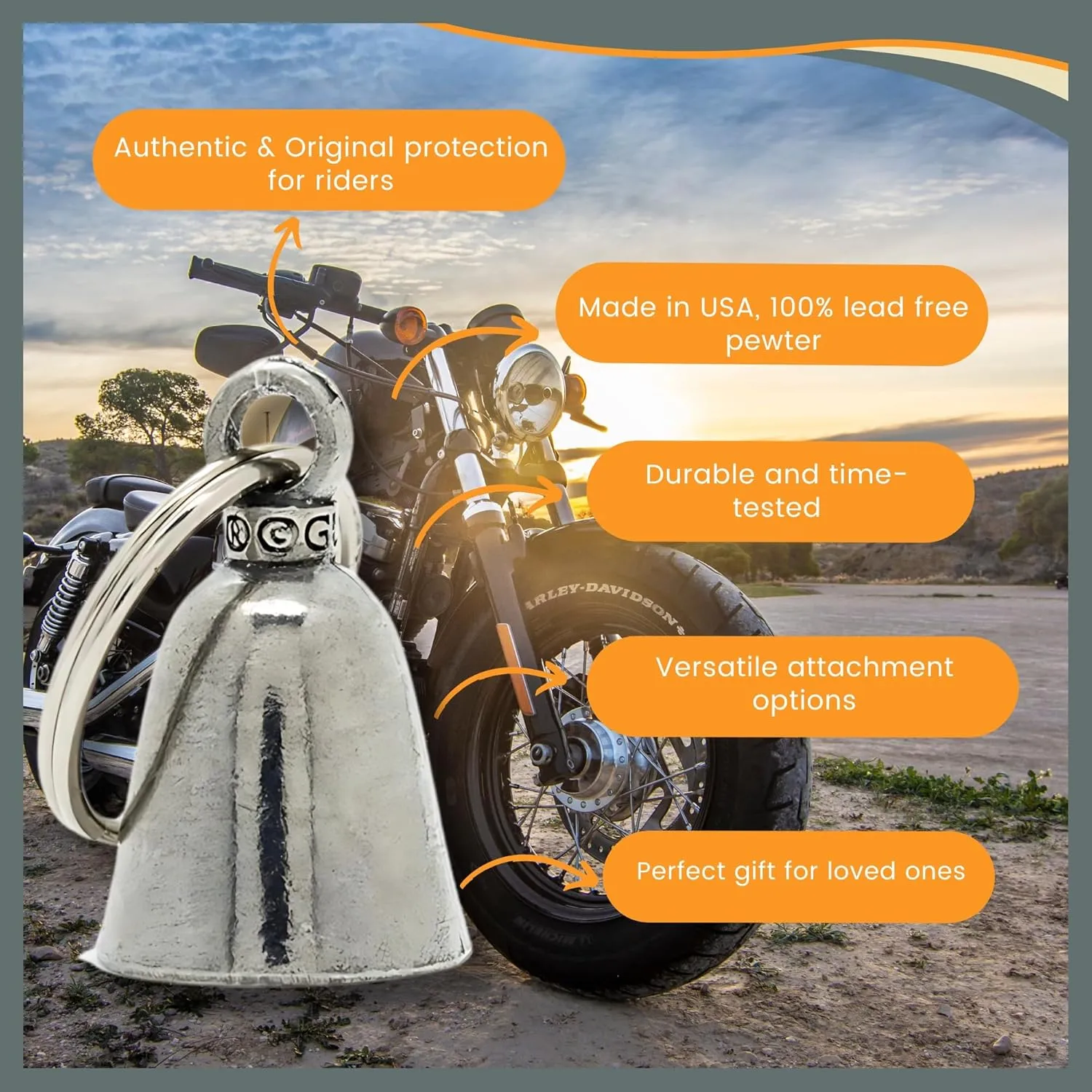 Guardian Bell Good Luck Bell w/Keyring & Black Velvet Gift Bag | Motorcycle Bell | Lead-Free Pewter | Made in USA