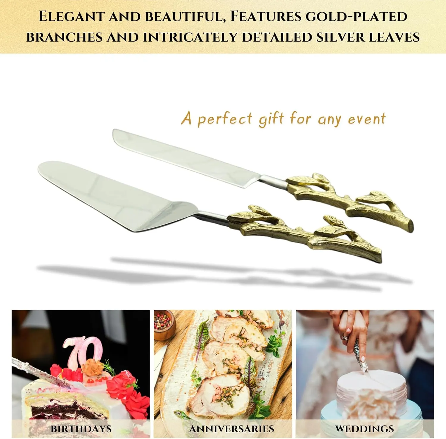 GUTE 2 Piece leaf (twig) Cake Server Cake Knife and Serving Spatula Set Gold Leaf Design, Stainless Steel and Brass Two Tone Ideal for Weddings, Party's, Elegant Events (Gold)