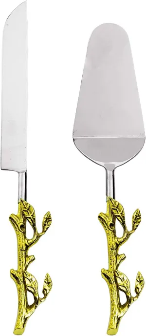 GUTE 2 Piece leaf (twig) Cake Server Cake Knife and Serving Spatula Set Gold Leaf Design, Stainless Steel and Brass Two Tone Ideal for Weddings, Party's, Elegant Events (Gold)