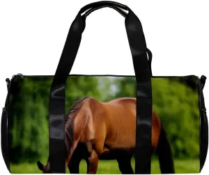 Gym Bag for Women,Small Gym Bag for Men,Brown Horse on the Grass,Overnight Bag