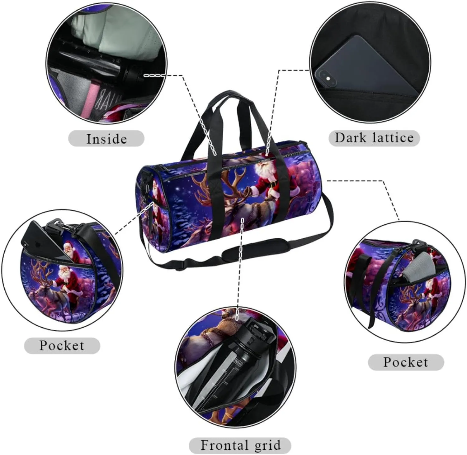 Gym Bag for Women,Small Gym Bag for Men,Christmas Santa Claus Winter Deer Moon,Overnight Bag