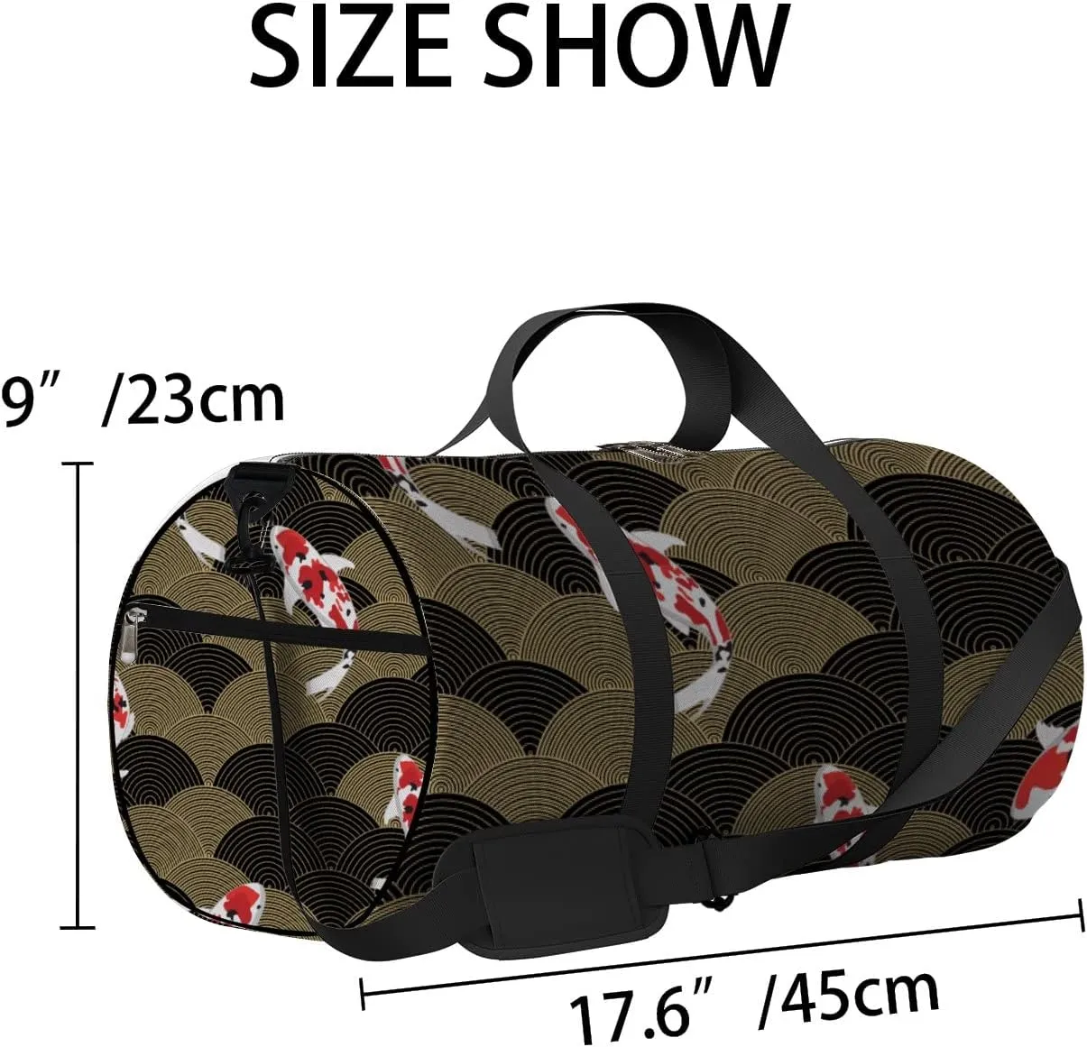 Gym Bag Sports Travel Bag Koi Fish Gold Black Weekender Bags with 2 Side Pocket Lightweight Waterproof Polyester Tote Bag for Swimming Yoga Women Men 9x17.6inch