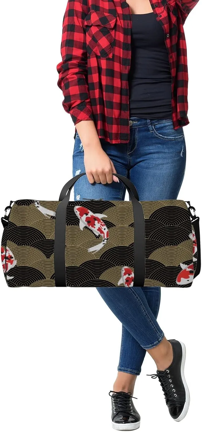 Gym Bag Sports Travel Bag Koi Fish Gold Black Weekender Bags with 2 Side Pocket Lightweight Waterproof Polyester Tote Bag for Swimming Yoga Women Men 9x17.6inch