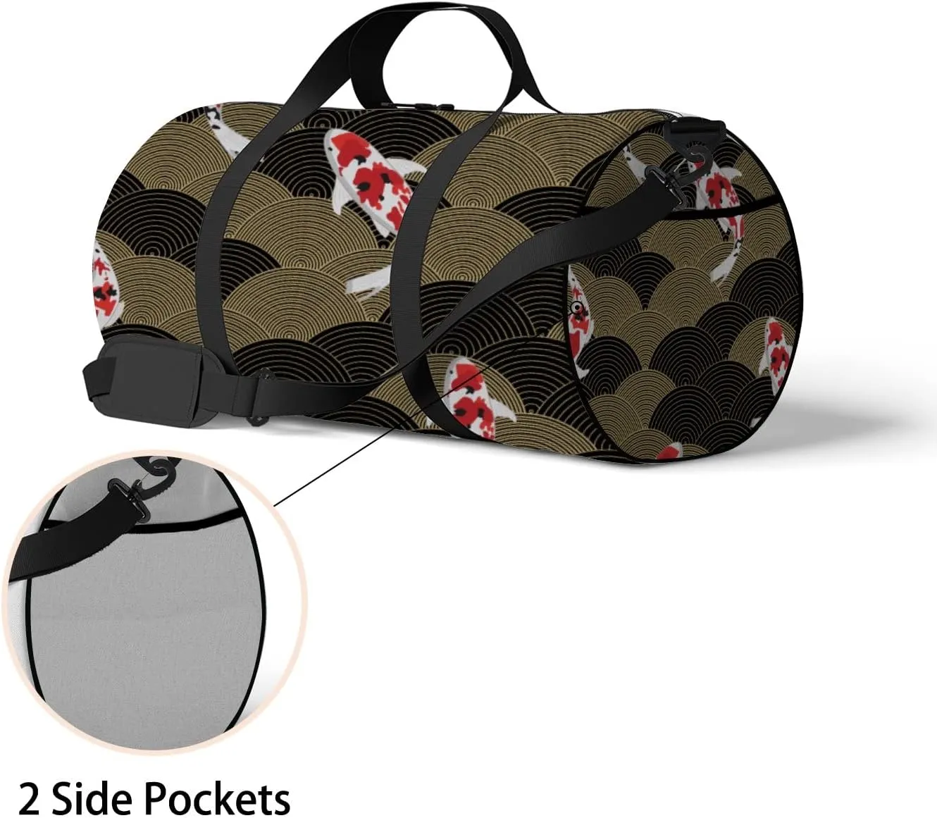 Gym Bag Sports Travel Bag Koi Fish Gold Black Weekender Bags with 2 Side Pocket Lightweight Waterproof Polyester Tote Bag for Swimming Yoga Women Men 9x17.6inch