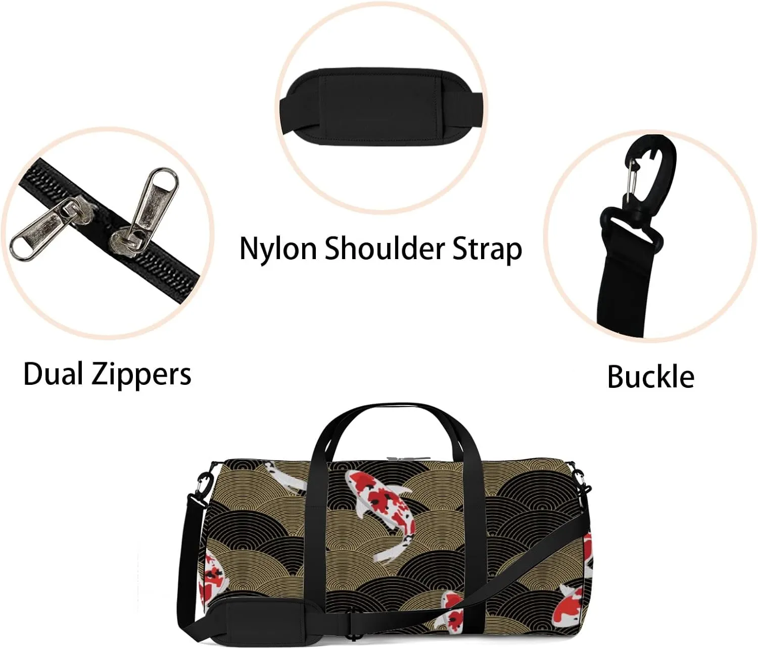 Gym Bag Sports Travel Bag Koi Fish Gold Black Weekender Bags with 2 Side Pocket Lightweight Waterproof Polyester Tote Bag for Swimming Yoga Women Men 9x17.6inch