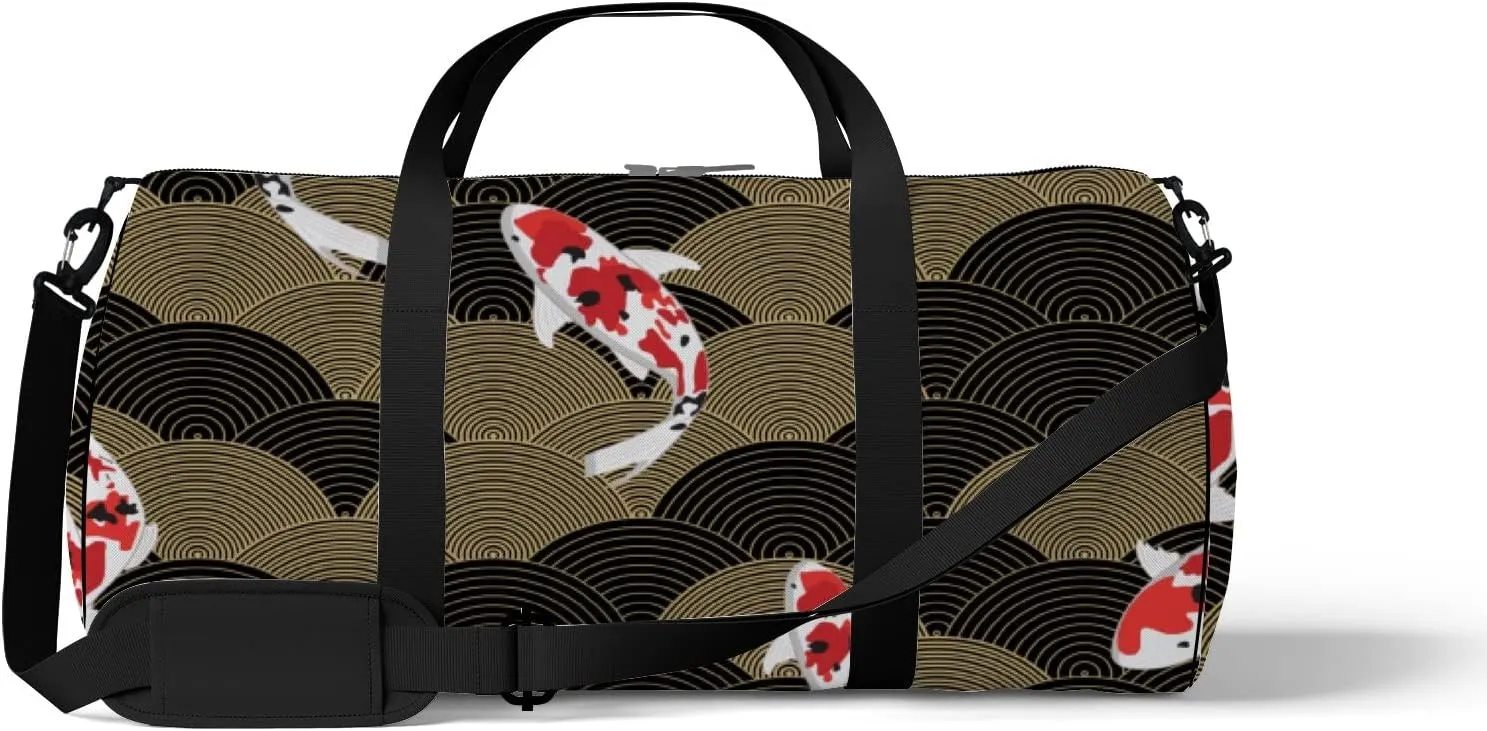 Gym Bag Sports Travel Bag Koi Fish Gold Black Weekender Bags with 2 Side Pocket Lightweight Waterproof Polyester Tote Bag for Swimming Yoga Women Men 9x17.6inch