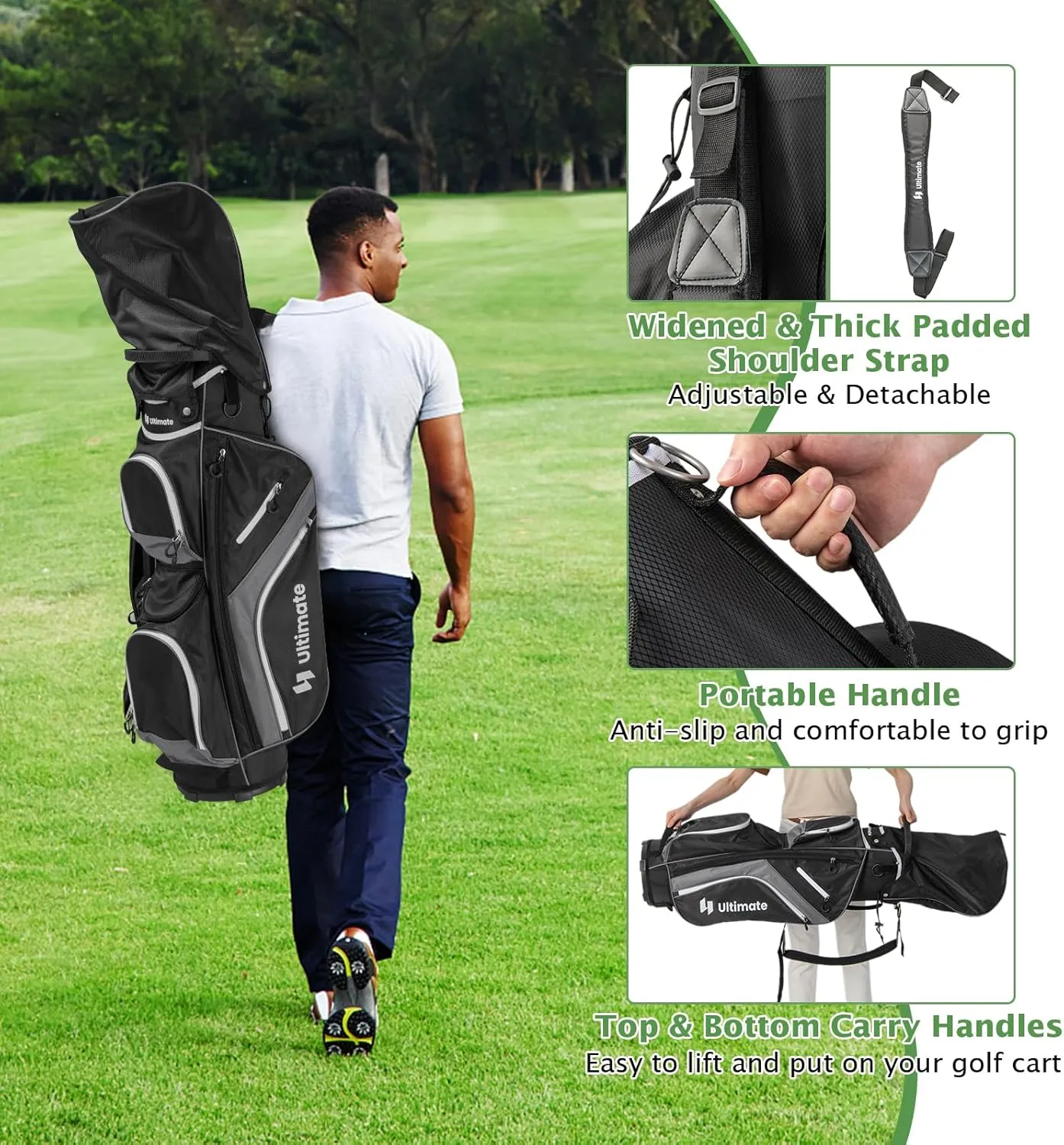GYMAX Golf Bag, 14-Way Divider Golf Cart Bag with 9 Zipper Pockets, Rain Hood, Glove Sticker & Umbrella Holder, Lightweight Portable Golf Club Bag for Men Women