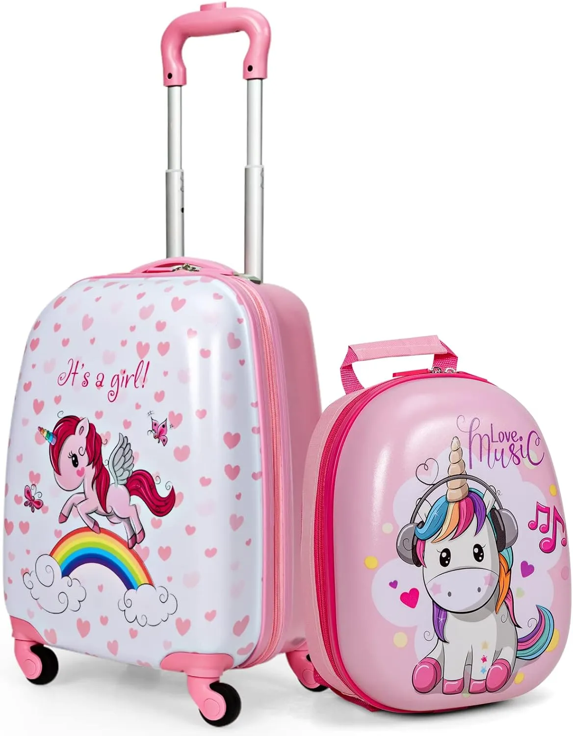 GYMAX Kids Carry On Luggage Set, 12" & 16" 2PCS Rolling Suitcase