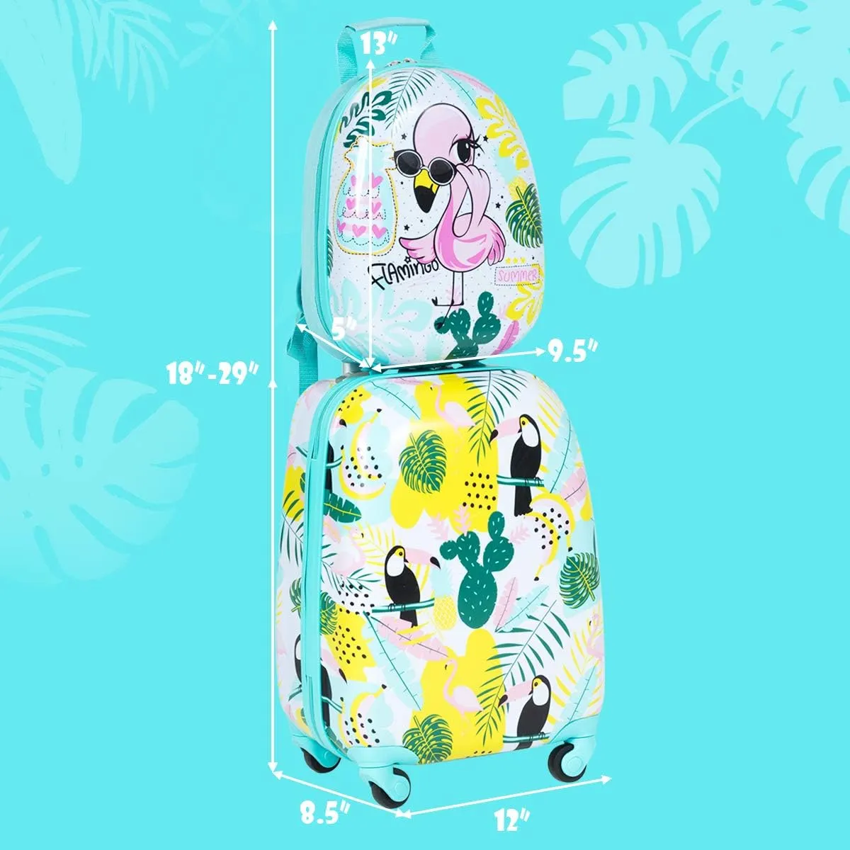GYMAX Kids Carry On Luggage Set, 12" & 16" 2PCS Rolling Suitcase