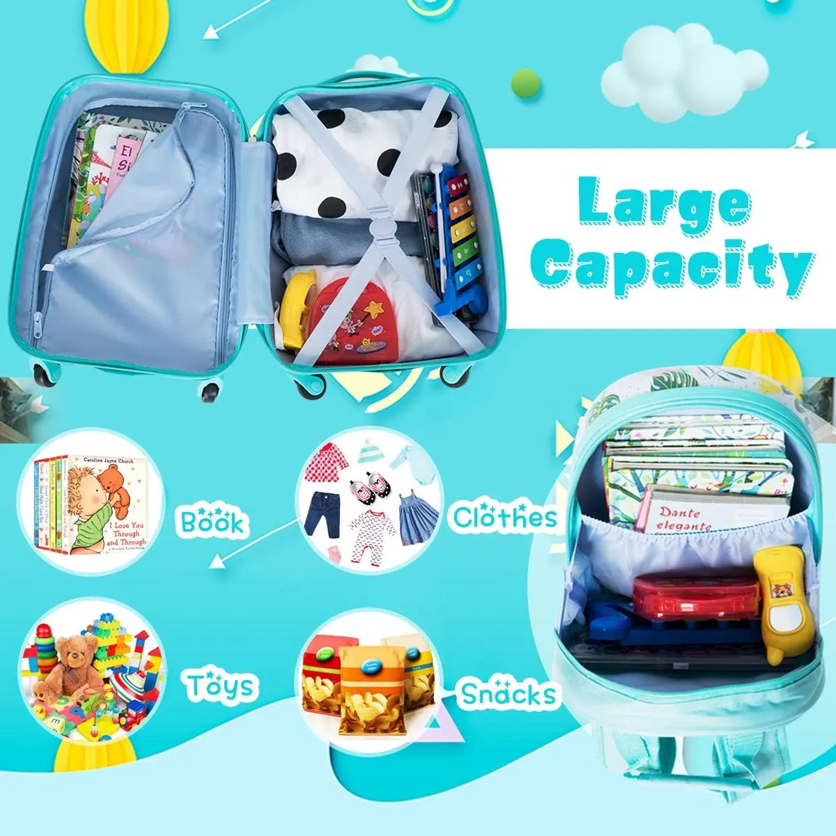 GYMAX Kids Carry On Luggage Set, 12" & 16" 2PCS Rolling Suitcase