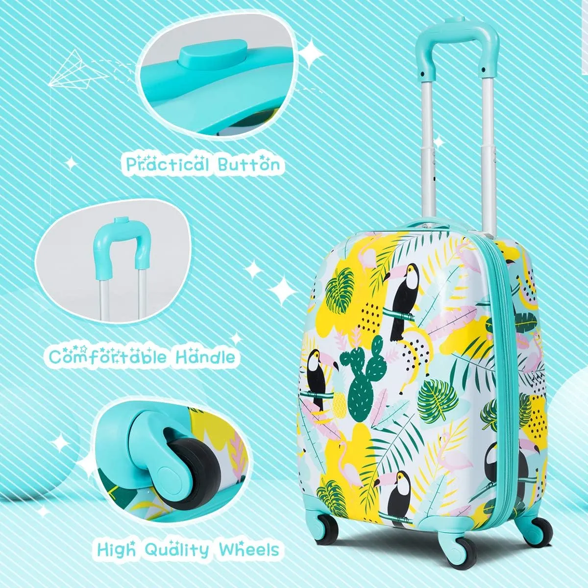 GYMAX Kids Carry On Luggage Set, 12" & 16" 2PCS Rolling Suitcase