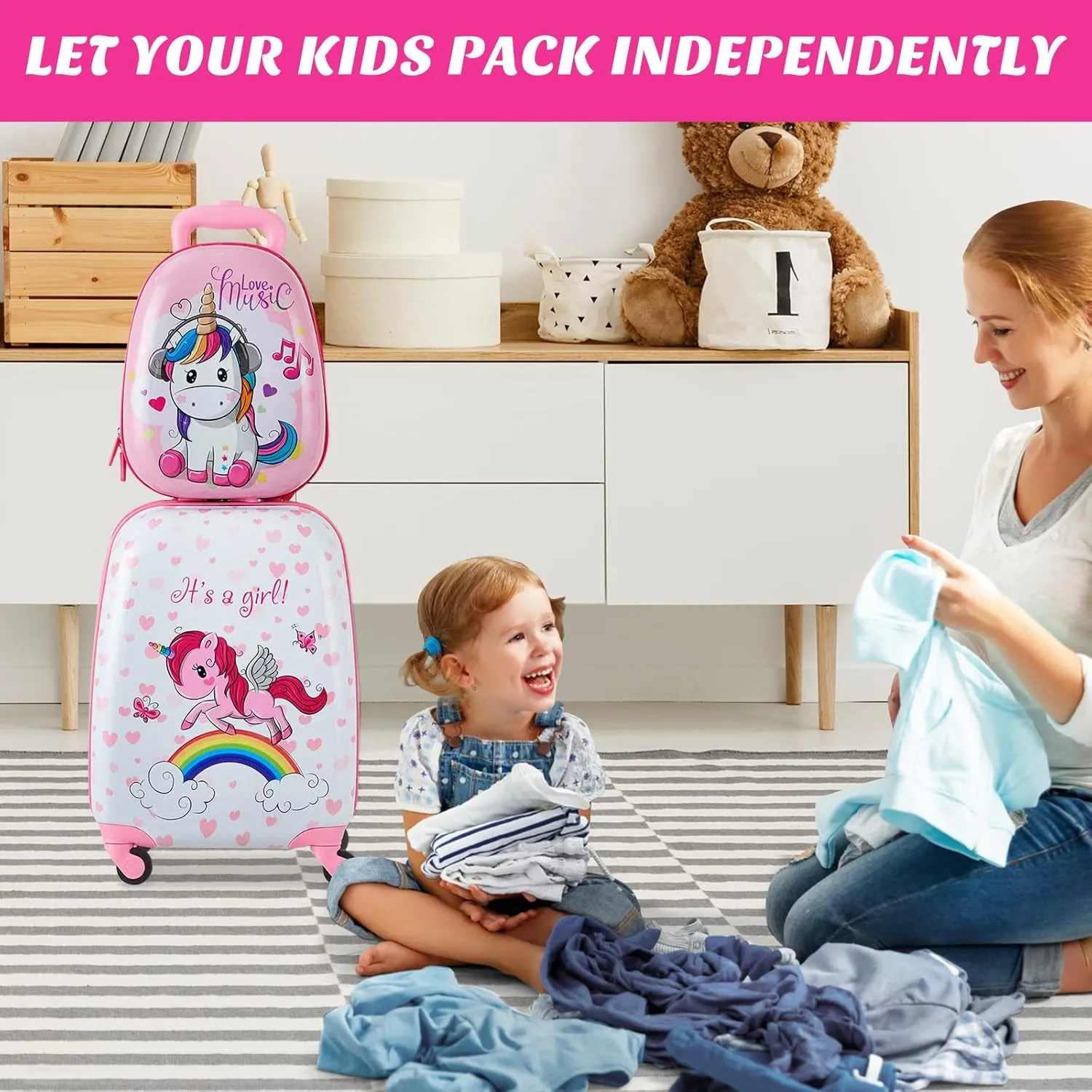 GYMAX Kids Carry On Luggage Set, 12" & 16" 2PCS Rolling Suitcase