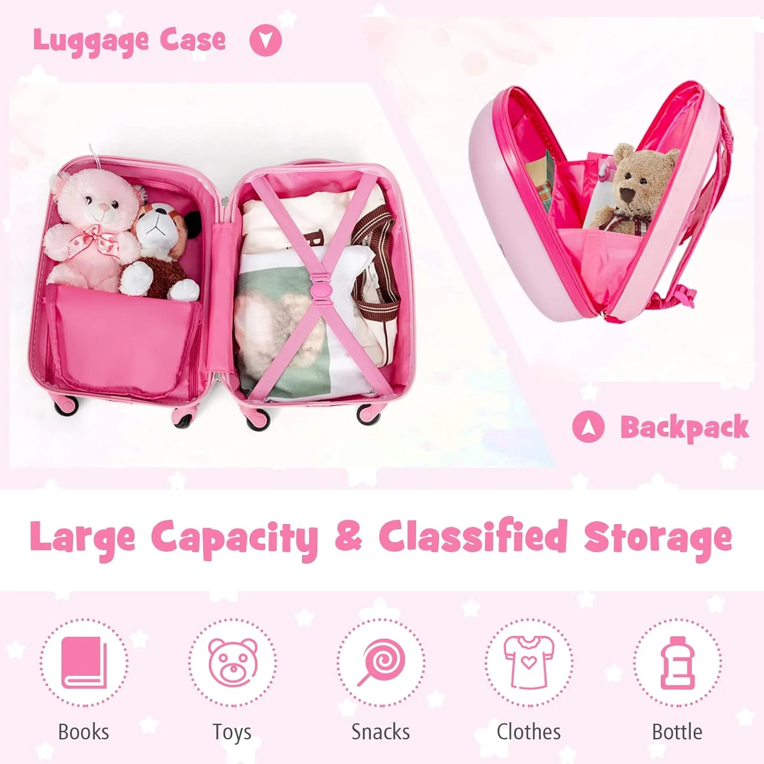 GYMAX Kids Carry On Luggage Set, 12" & 16" 2PCS Rolling Suitcase