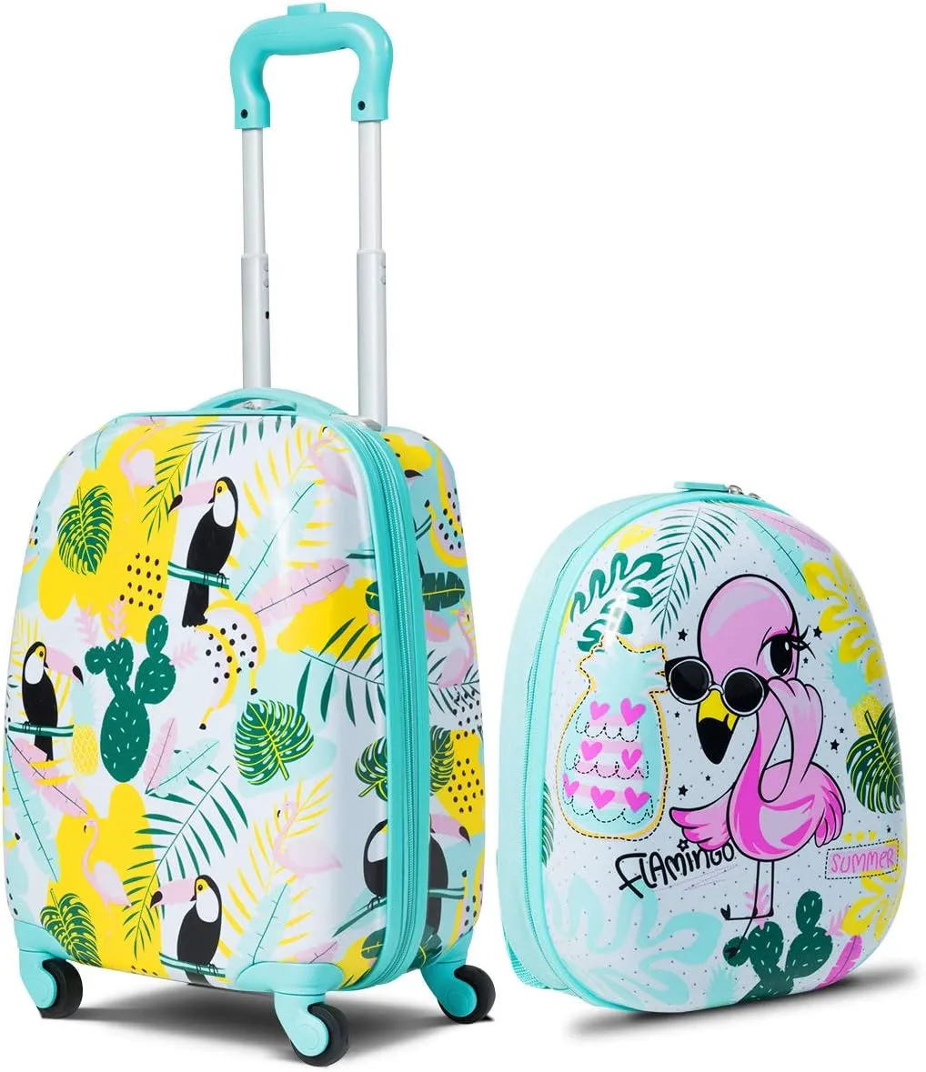 GYMAX Kids Carry On Luggage Set, 12" & 16" 2PCS Rolling Suitcase
