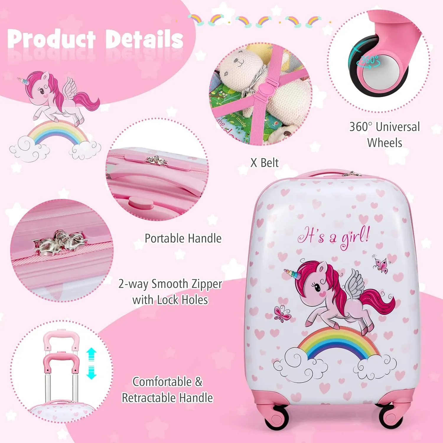 GYMAX Kids Carry On Luggage Set, 12" & 16" 2PCS Rolling Suitcase