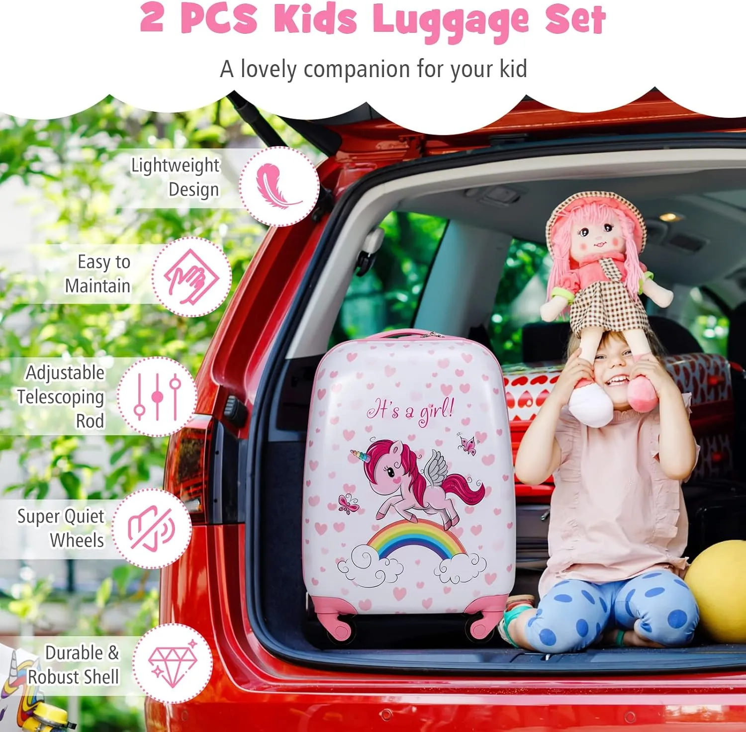 GYMAX Kids Carry On Luggage Set, 12" & 16" 2PCS Rolling Suitcase
