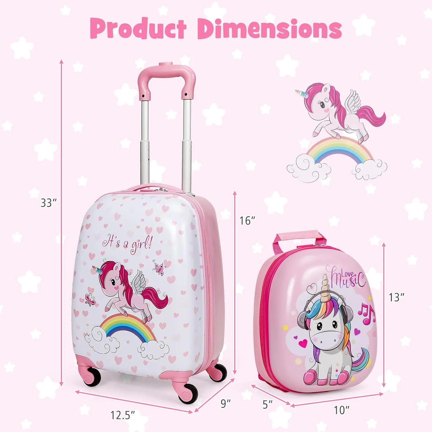 GYMAX Kids Carry On Luggage Set, 12" & 16" 2PCS Rolling Suitcase