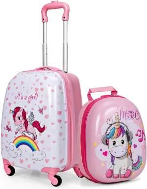 GYMAX Kids Carry On Luggage Set, 12" & 16" 2PCS Rolling Suitcase