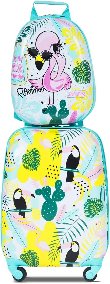 GYMAX Kids Carry On Luggage Set, 12" & 16" 2PCS Rolling Suitcase