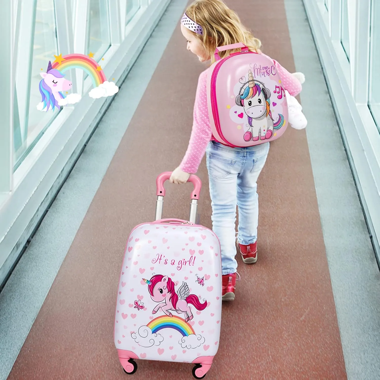 GYMAX Kids Carry On Luggage Set, 12" & 16" 2PCS Rolling Suitcase