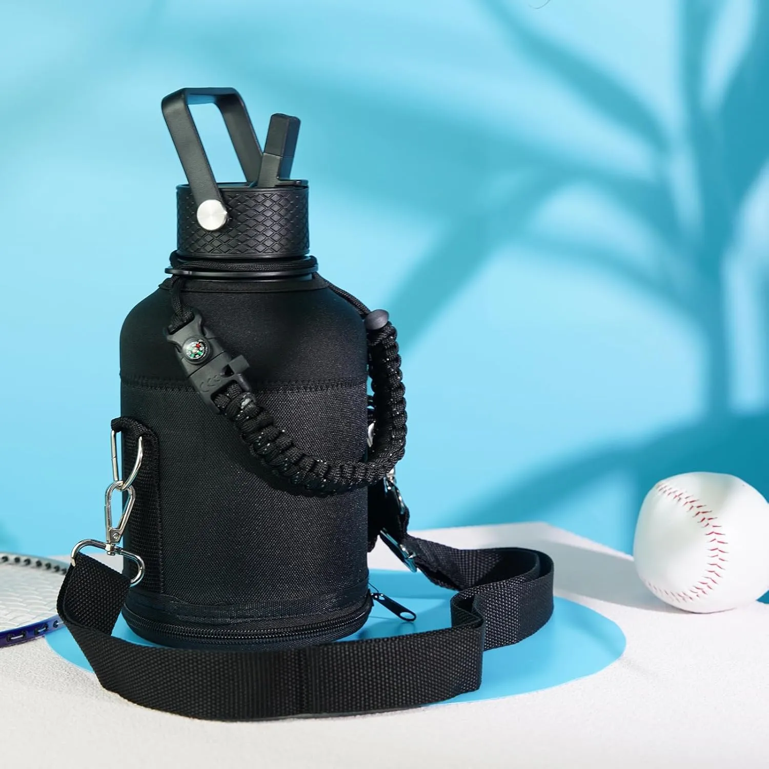 Half Gallon Insulated Water Bottle with Straw,64 oz 3 Lids Water Jug with Carrying Bag,Paracord Handle,Double Wall Vacuum Stainless Steel Metal Flask,Navy Blue