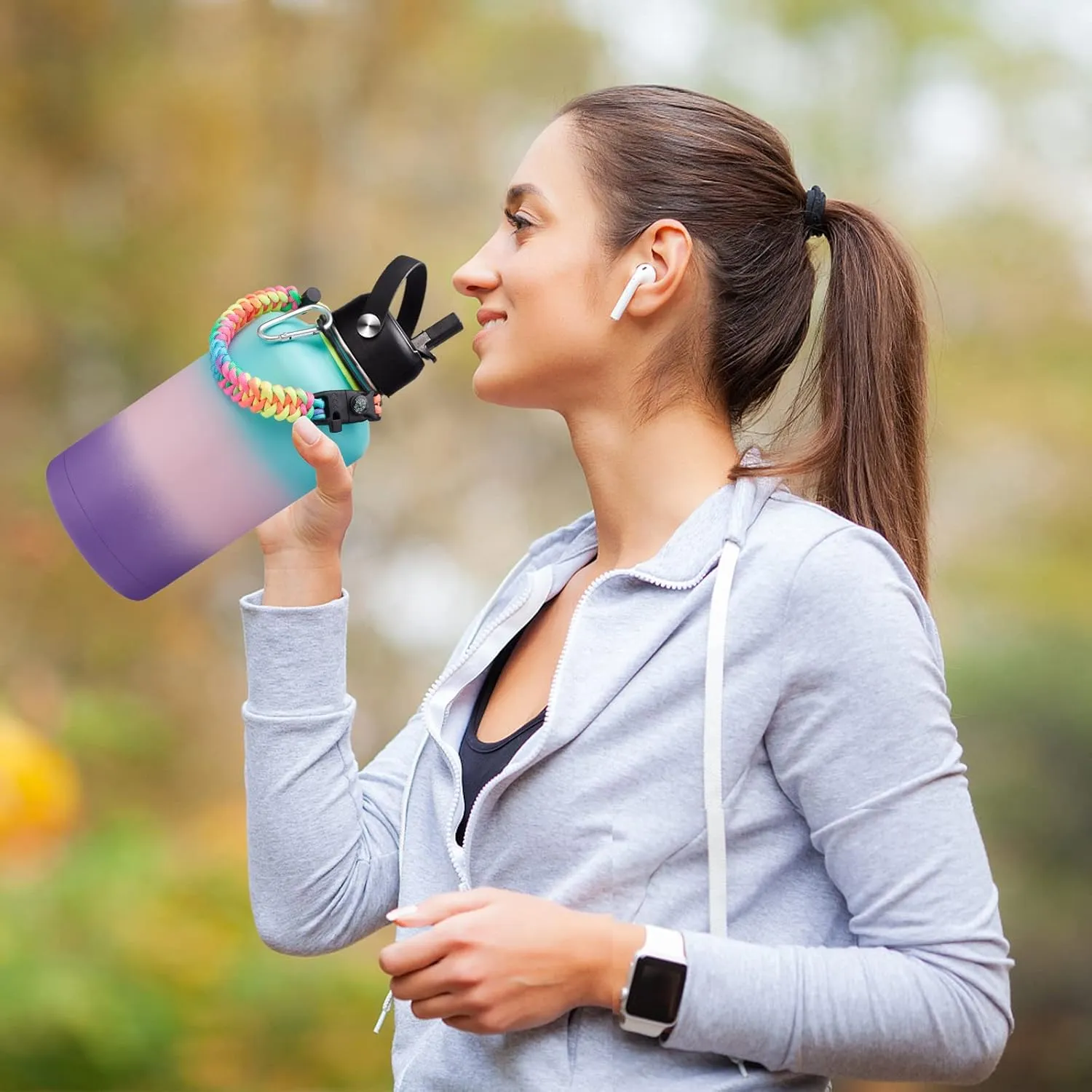 Half Gallon Water Bottle Insulated - 64 oz Water Bottle with Straw Spout Lid, Strap Carrying Sleeve, Paracord Handle, Leak Proof Metal Water Flask for Workout Sport Hiking Gym,Thermo Mug