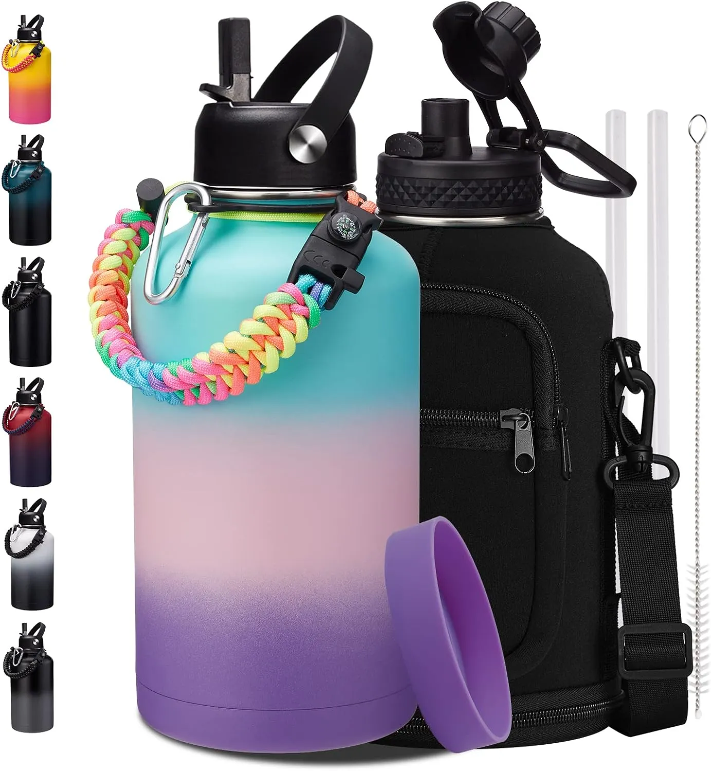 Half Gallon Water Bottle Insulated - 64 oz Water Bottle with Straw Spout Lid, Strap Carrying Sleeve, Paracord Handle, Leak Proof Metal Water Flask for Workout Sport Hiking Gym,Thermo Mug