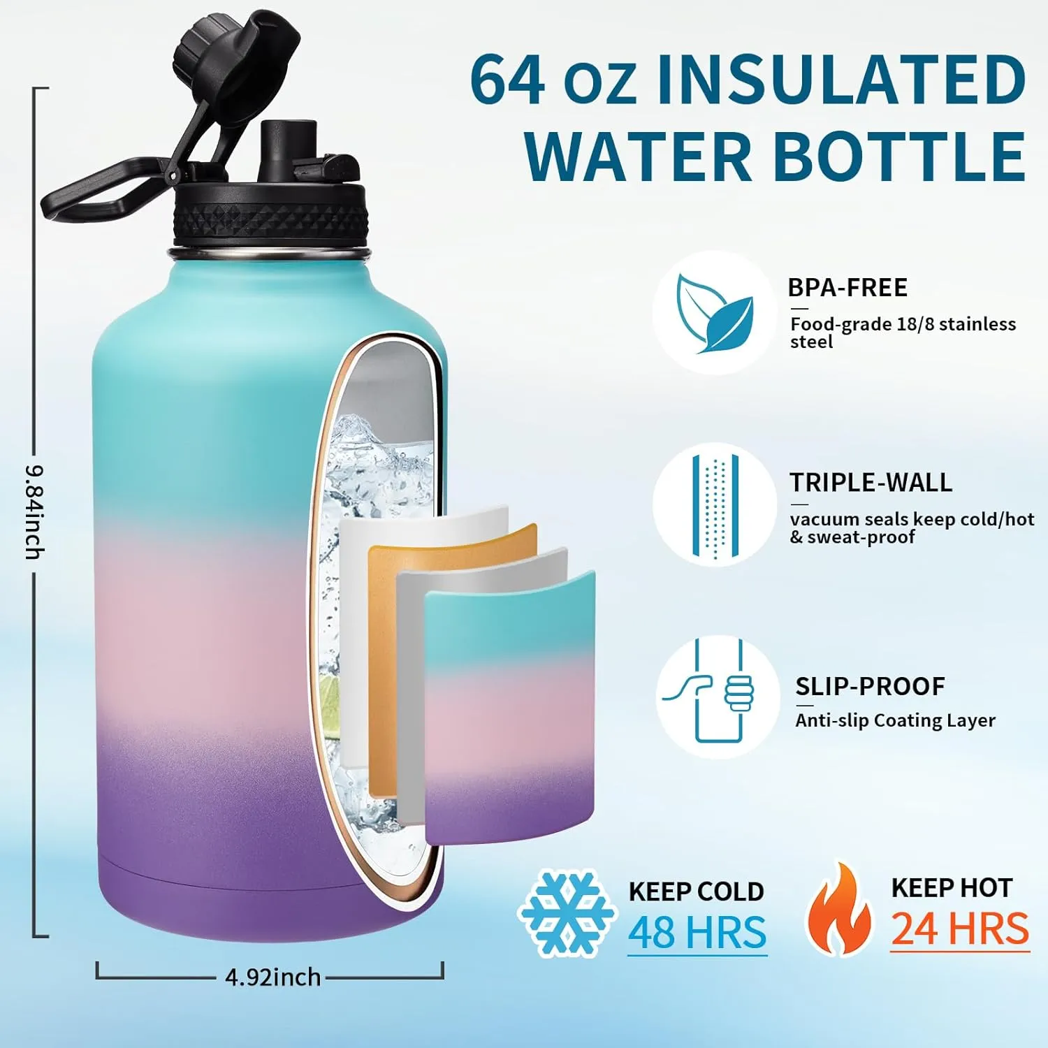 Half Gallon Water Bottle Insulated - 64 oz Water Bottle with Straw Spout Lid, Strap Carrying Sleeve, Paracord Handle, Leak Proof Metal Water Flask for Workout Sport Hiking Gym,Thermo Mug