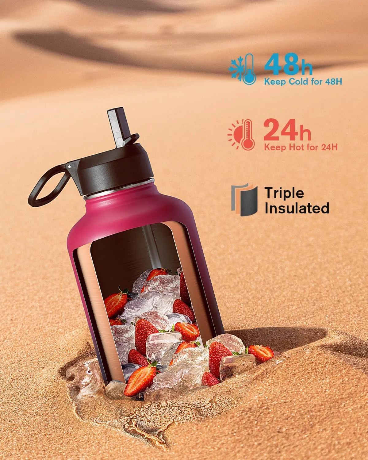 Half Gallon Water Bottle Insulated with Straw & 3 Lids, Coolflask 64 oz Water Jug Large Metal Stainless Steel Wide Mouth for Sports, Gym or Office, Non-BPA Keep Cold 48H Hot 24H, Ombre Wine/Navy
