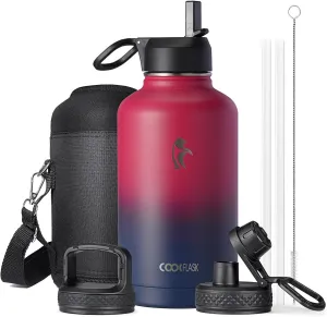 Half Gallon Water Bottle Insulated with Straw & 3 Lids, Coolflask 64 oz Water Jug Large Metal Stainless Steel Wide Mouth for Sports, Gym or Office, Non-BPA Keep Cold 48H Hot 24H, Ombre Wine/Navy