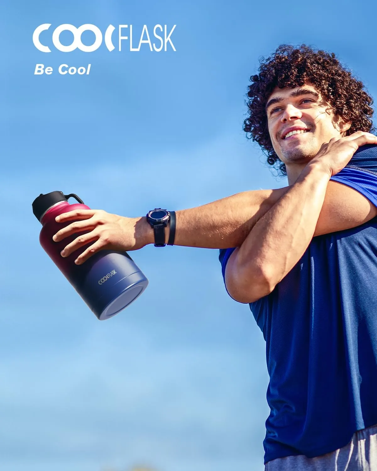 Half Gallon Water Bottle Insulated with Straw & 3 Lids, Coolflask 64 oz Water Jug Large Metal Stainless Steel Wide Mouth for Sports, Gym or Office, Non-BPA Keep Cold 48H Hot 24H, Ombre Wine/Navy