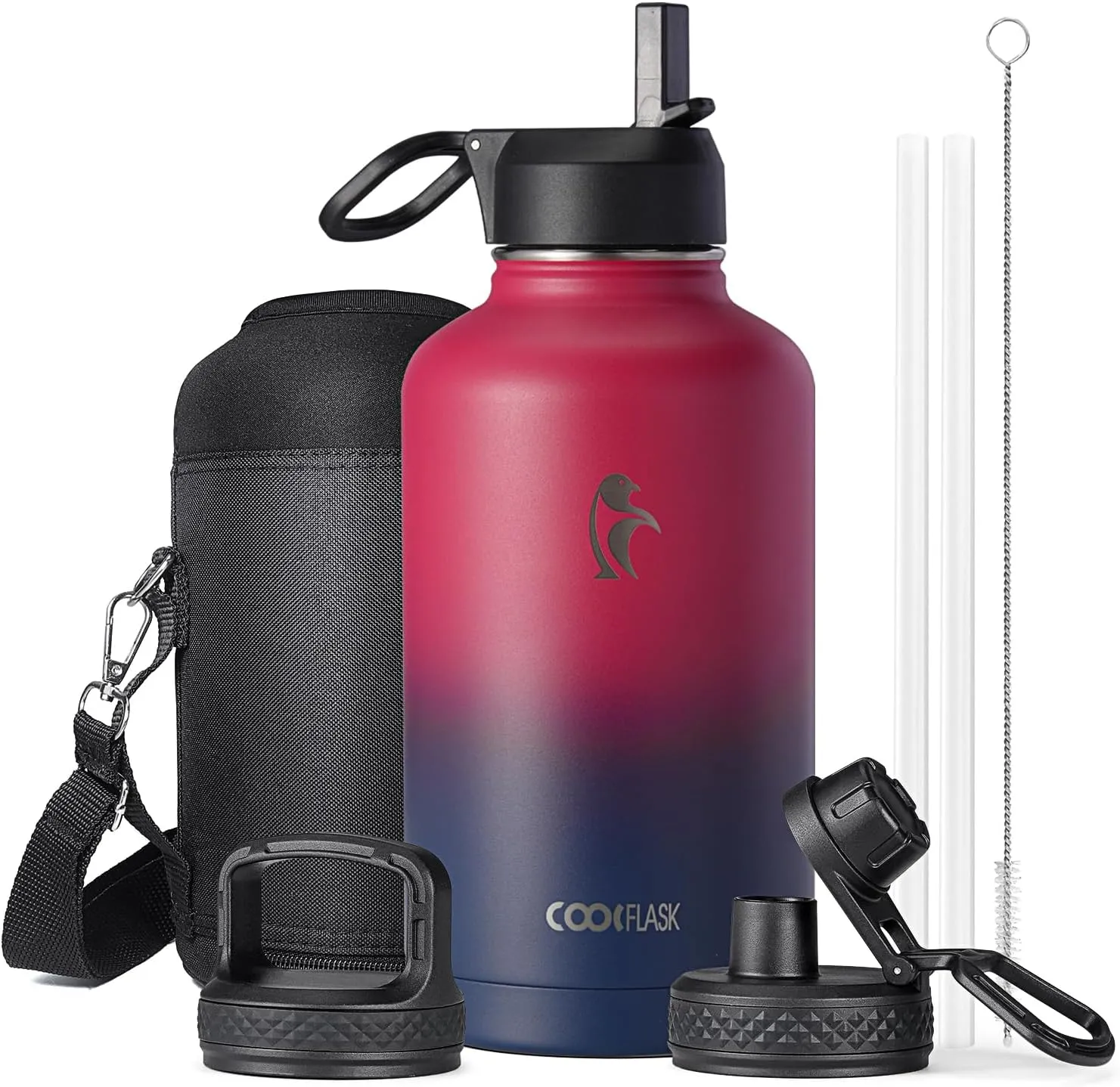 Half Gallon Water Bottle Insulated with Straw & 3 Lids, Coolflask 64 oz Water Jug Large Metal Stainless Steel Wide Mouth for Sports, Gym or Office, Non-BPA Keep Cold 48H Hot 24H, Ombre Wine/Navy