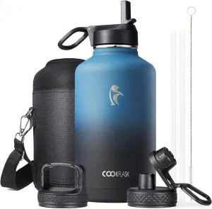 Half Gallon Water Bottle Insulated with Straw & 3 Lids, Coolflask 64 oz Water Jug Large Metal Stainless Steel Wide Mouth for Sports, Gym or Office, Non-BPA Keep Cold 48H Hot 24H, Samurai Cyan