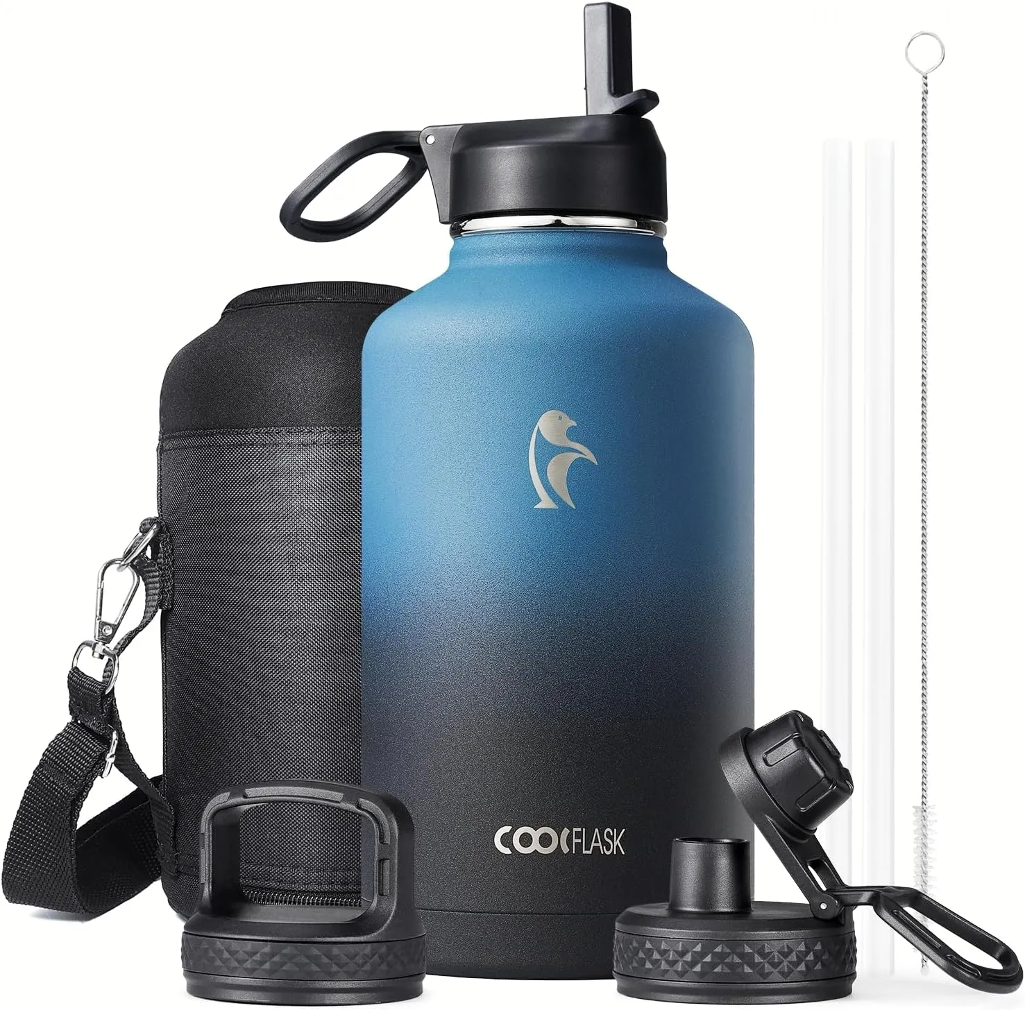 Half Gallon Water Bottle Insulated with Straw & 3 Lids, Coolflask 64 oz Water Jug Large Metal Stainless Steel Wide Mouth for Sports, Gym or Office, Non-BPA Keep Cold 48H Hot 24H, Samurai Cyan