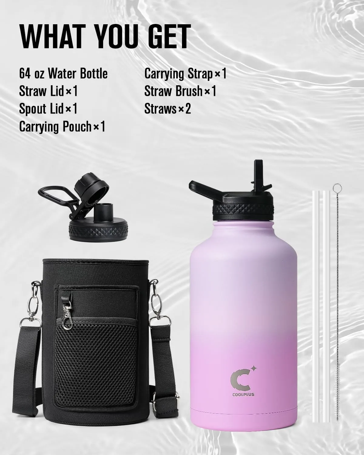 Half Gallon Water Bottle With Straw Lid, Coolplus 64 oz Insulated Stainless Steel Water Jug Metal Double-Walled Vacuum Large Flask With Carry Sleeve Leakproof, Keep Cold 48 Hrs Hot 24hrs, Purple