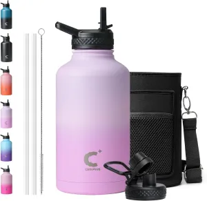 Half Gallon Water Bottle With Straw Lid, Coolplus 64 oz Insulated Stainless Steel Water Jug Metal Double-Walled Vacuum Large Flask With Carry Sleeve Leakproof, Keep Cold 48 Hrs Hot 24hrs, Purple