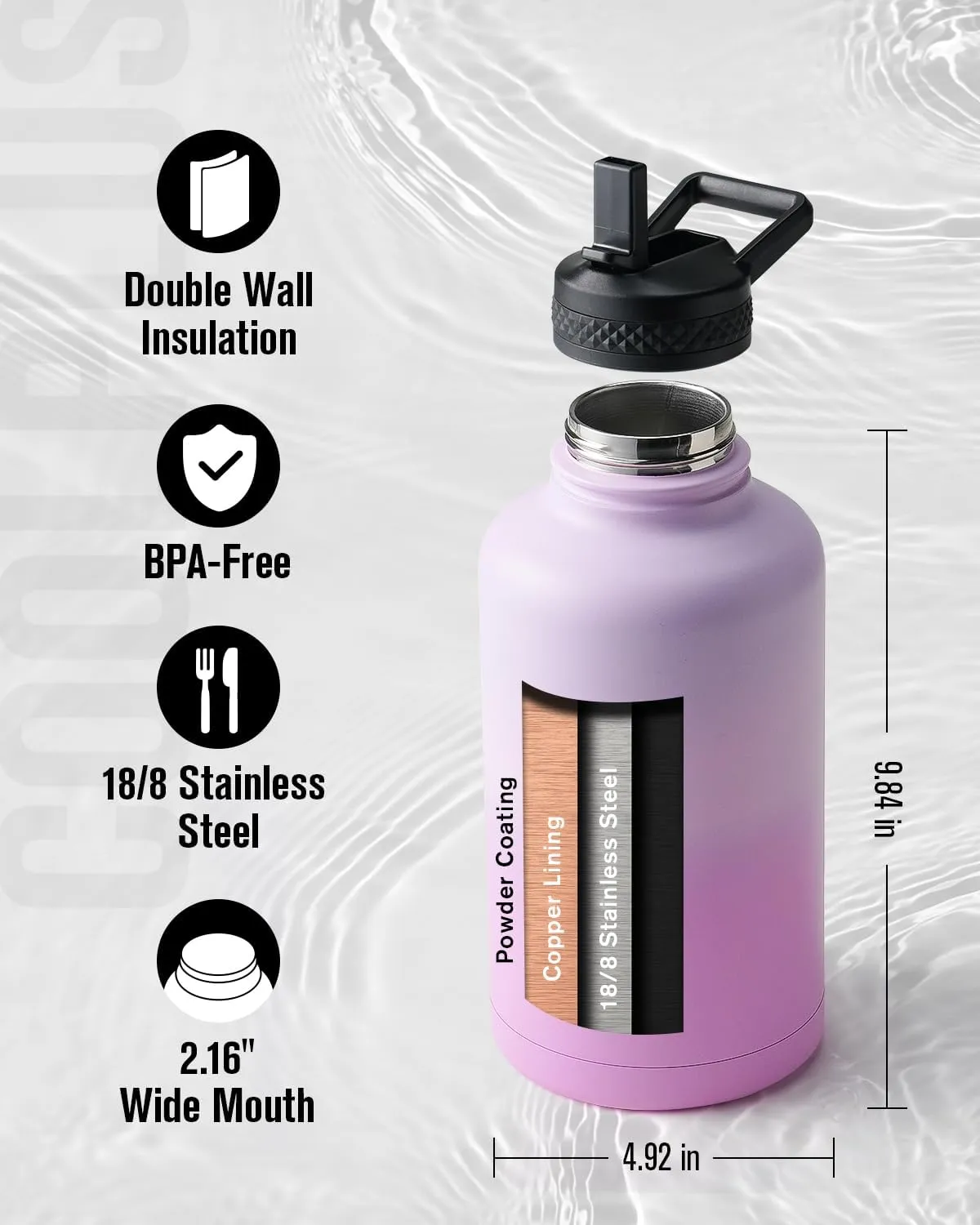 Half Gallon Water Bottle With Straw Lid, Coolplus 64 oz Insulated Stainless Steel Water Jug Metal Double-Walled Vacuum Large Flask With Carry Sleeve Leakproof, Keep Cold 48 Hrs Hot 24hrs, Purple