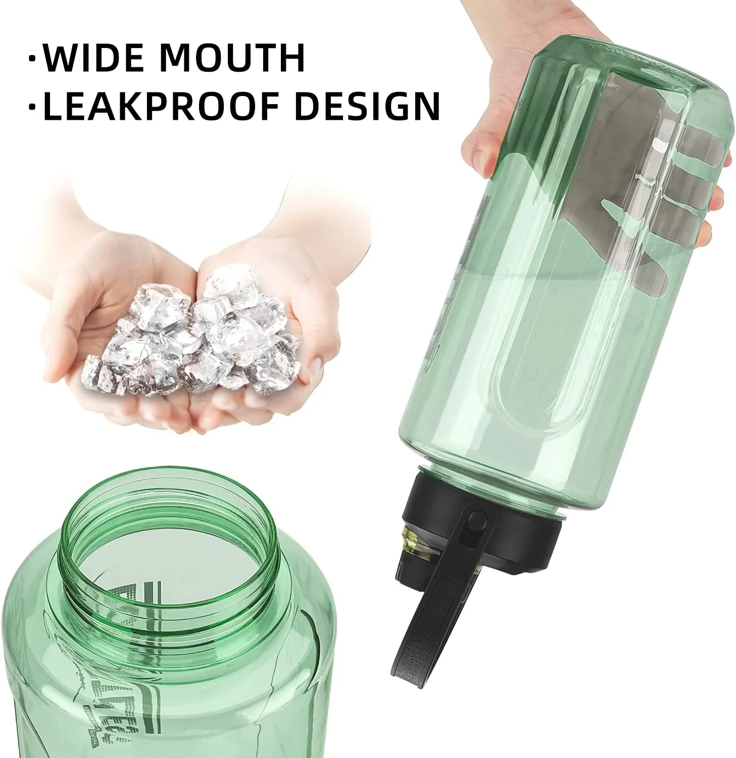 Half Gallon/64oz Water Bottle With Handle, 2L Leak proof BPA Free Fitness Sports Water Jug, Ensure You Drink Enough Water Daily for Gym and Outdoor Sports(Green)